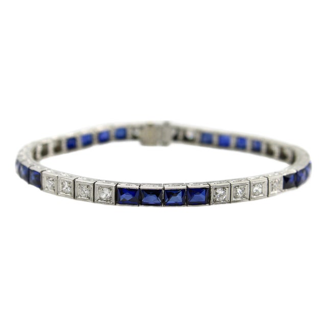 Art Deco Diamond and Sapphire Platinum Line Bracelet For Sale