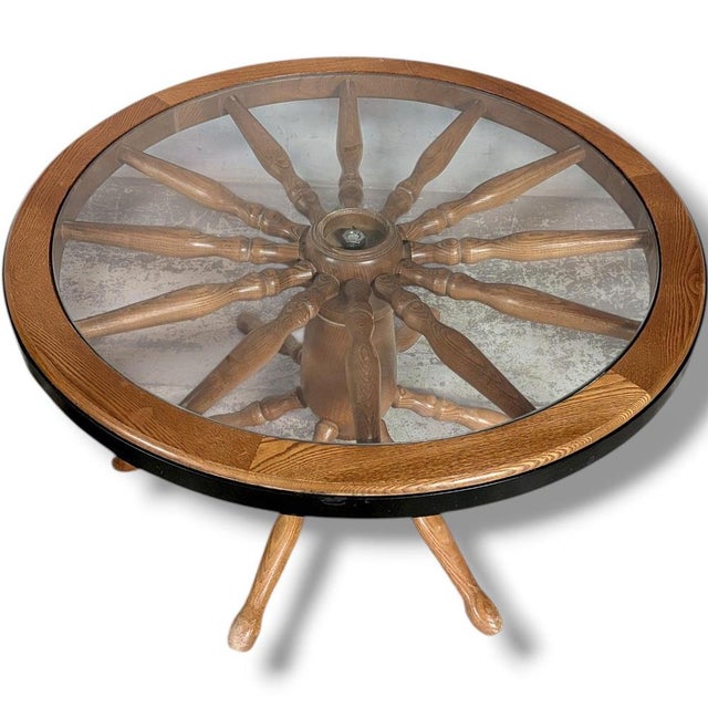 Vintage Ship Wheel Table in Elm and Oak with Glass Top For Sale - Image 4 of 9