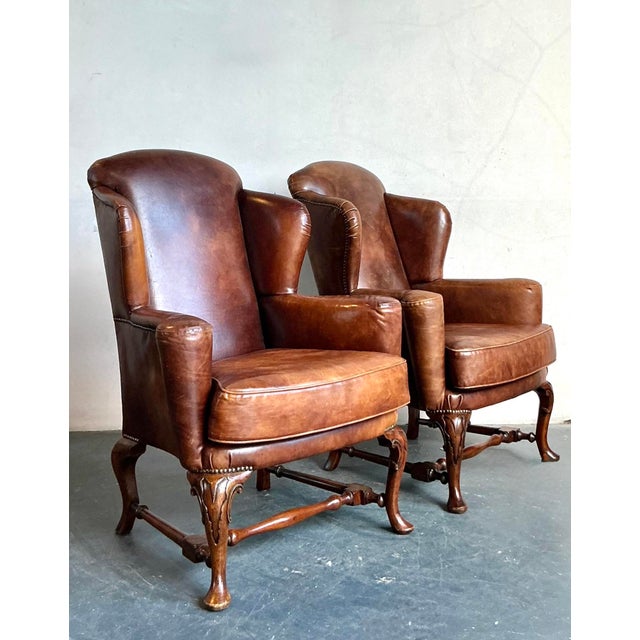 Vintage Italian Leather Wingback Chairs - A Pair For Sale - Image 10 of 12
