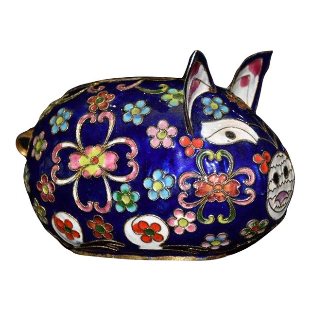 Handmade Cloisonne Pig Figurine, Deep Blue Ground Wire Inlaid Floral Motif, Chinoiserie Table Decor For Sale