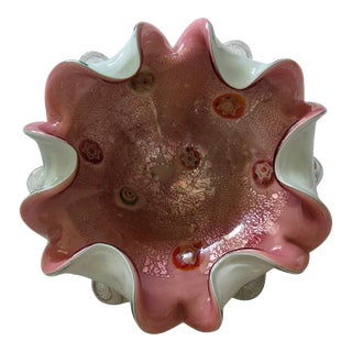 Vintage Murano Millefiori Hand Blown Art Glass Ruffled Bowl by Fratelli Toso For Sale