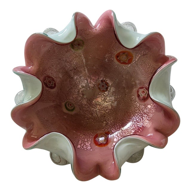 Vintage Murano Millefiori Hand Blown Art Glass Ruffled Bowl by Fratelli Toso For Sale