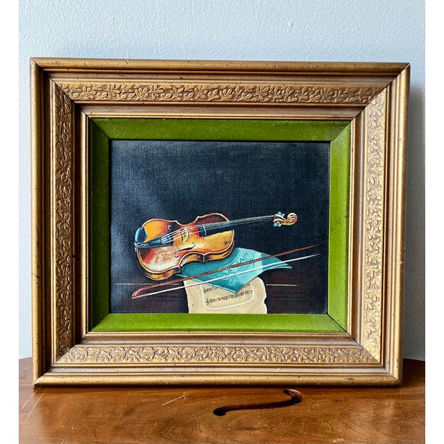 Mid-Century Modern Vintage Mid-Century Violin Still Life Painting in Gilt Frame With Velvet Liner For Sale - Image 3 of 18