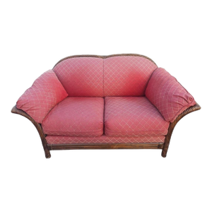 Mid 20th Century Mid-Century Lane Venture Rattan Wicker and Upholstered Loveseat