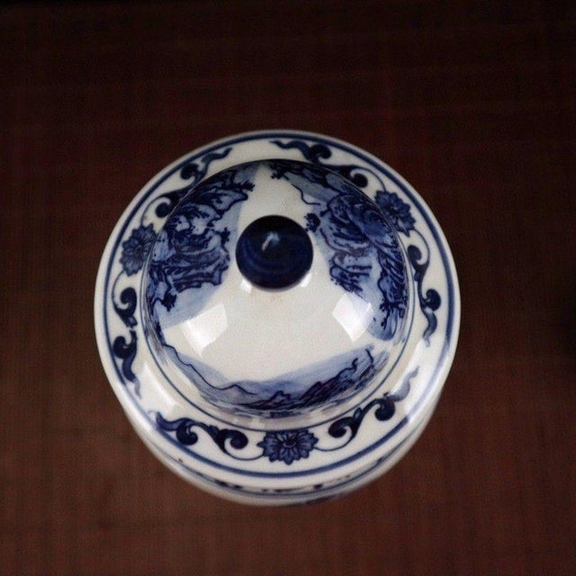 Chinoiserie Chinoiserie Blue and White Landscape Porcelain Lidded Ginger Jar For Sale - Image 3 of 9