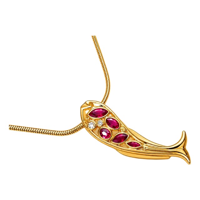 18K Yellow Gold Ruby Diamond Fish Slide Pendant For Sale