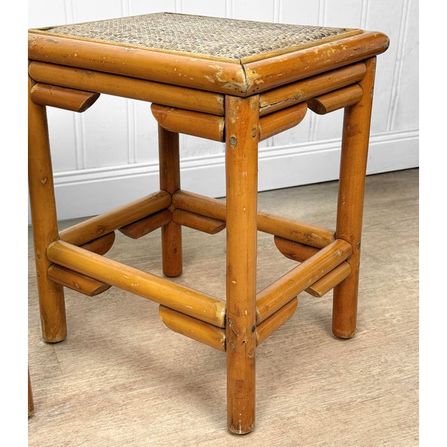Vintage 1970s Coastal Rattan End Table Stands W/ Wicker Tops - A Pair For Sale - Image 9 of 10