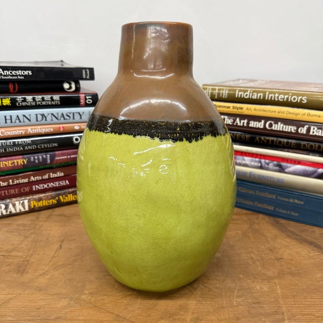 Late 20th Century Round Pistachio Green Ceramic Vase with Brown Curved Top For Sale - Image 5 of 9