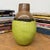 Late 20th Century Round Pistachio Green Ceramic Vase with Brown Curved Top For Sale - Image 5 of 9