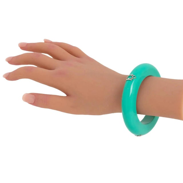 Metal Christian Dior Bracelet Bangle Turquoise Acrylic and Silver Dior Logos For Sale - Image 7 of 7