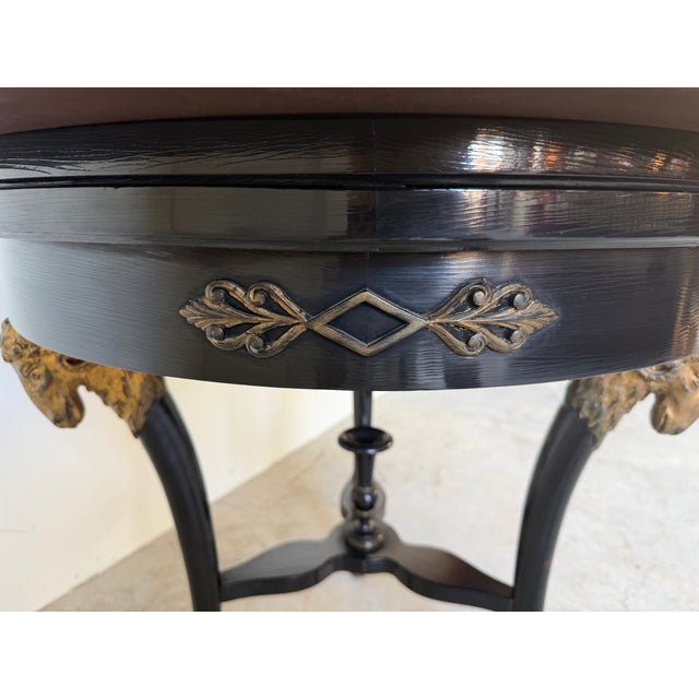 Black Vintage Baker French Empire Regency Style Accent Table With Brass Trim & Ram Head Legs For Sale - Image 8 of 18