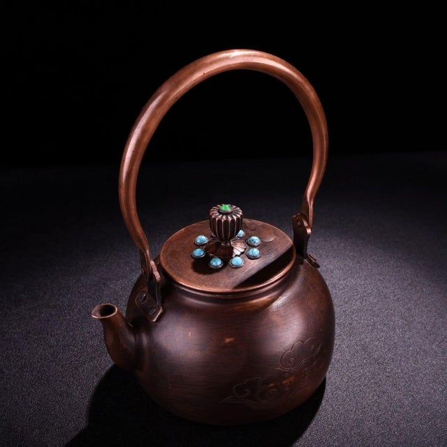 Vintage Hand-Hammered Copper Teapot With Gemstone Inlay and Cloud Motif For Sale In Los Angeles - Image 6 of 9