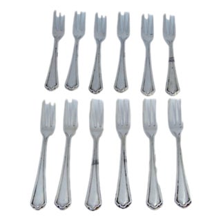 Three-Pronged Silver Cake Forks with Grooved Handles, Set of 12 For Sale