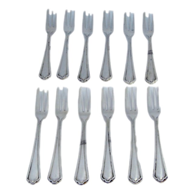 Three-Pronged Silver Cake Forks with Grooved Handles, Set of 12 For Sale