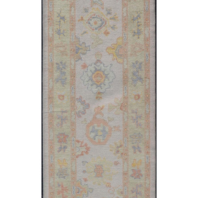 Turkish Oushak Runner in Ivory With Soft Green, Gold, and Coral 2'11 X 13'3 For Sale - Image 4 of 12