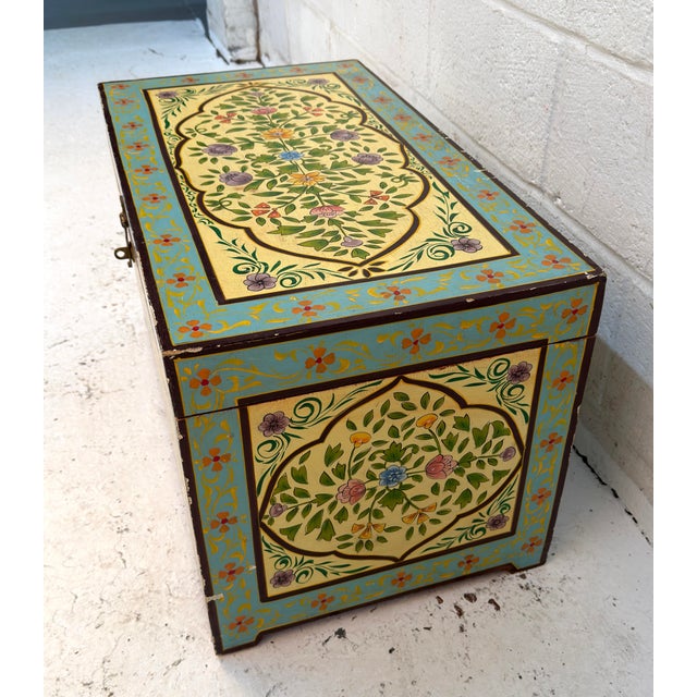 Green Vintage Hand-Painted Wooden Floral Folk Art Storage Trunk For Sale - Image 8 of 13