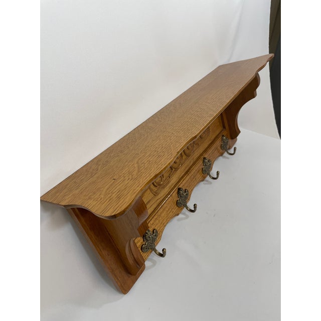 Vintage French Tiger Oak 27" Wall Shelf Coat and Hat Rack For Sale - Image 10 of 17