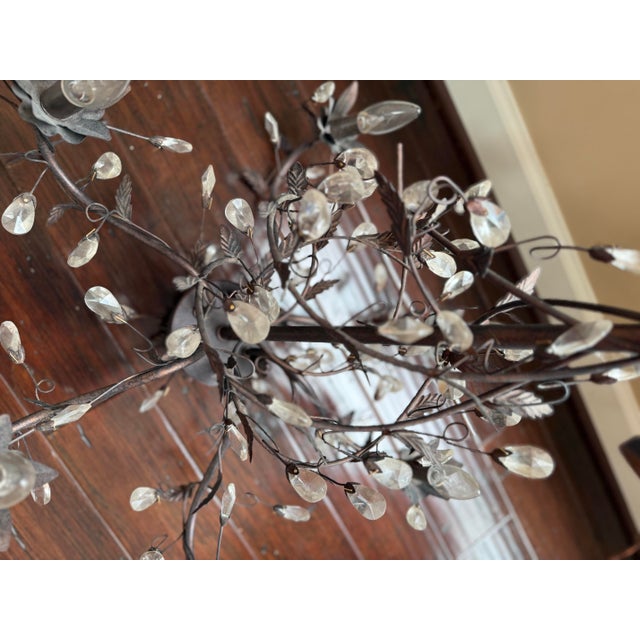 Tuscan Late 20th Century Tuscan Wrought Iron Branch Chandelier With Crystal Leaves & Teardrops For Sale - Image 3 of 6