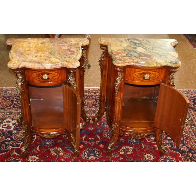 Pair of French Louis XV Style Marble Top Kingwood Inlaid End Table Nightstands Dimensions : 22" Wide X 15.5" Deep X 28"...