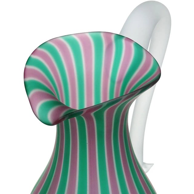 Beautiful vintage Murano hand blown green and pink-mauve Italian art glass pitcher / vase. Documented to the Fratelli Toso...
