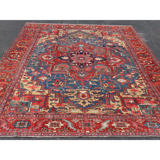 Antique Persian Heriz Serapi Rug With Blue Field Geometric Medallion Design For Sale In Atlanta - Image 6 of 17