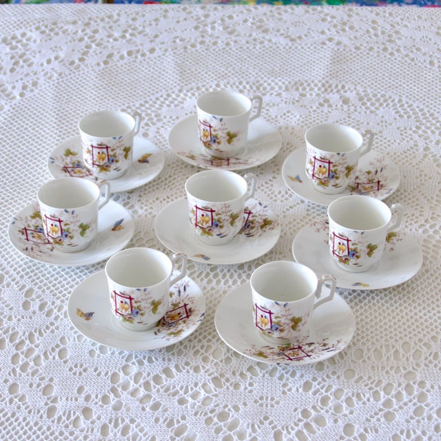 Service of Polychrome Porcelain Cups with Bird Decoration, 1920s, Set of 8 For Sale - Image 6 of 6