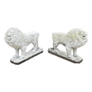Vintage Classical Style Standing Lion Cement Guardian Entry Garden Statue - Pair For Sale