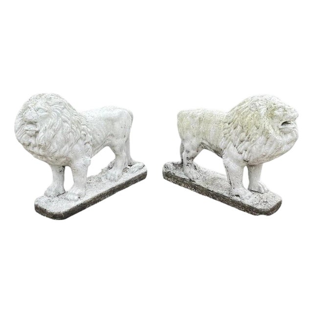 Vintage Classical Style Standing Lion Cement Guardian Entry Garden Statue - Pair For Sale
