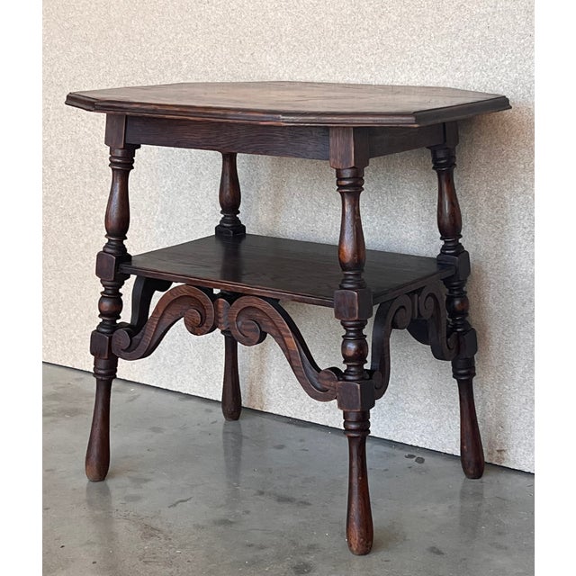Late 19th Century Spanish Two-Tier Walnut Console Side Table With Carved Legs and Stretcher For Sale - Image 5 of 13