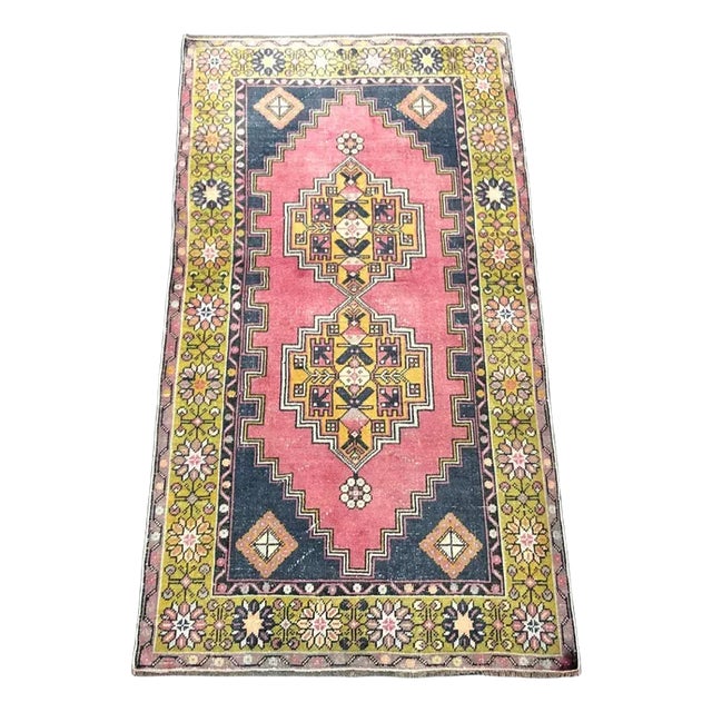 Turkish Wool Rug, Anatolian Handmade Designer Rug, Bohemian Area Carpet, Pink-Blue Color Rug, Ft X Ft,c For Sale
