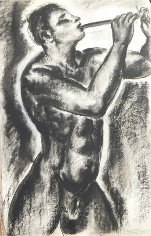 Early 20th Century "Nude Pan Figure with Pipe" Art Deco Figurative Nude Charcoal Drawing by Paul Daxhelet