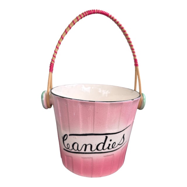 Vintage Hand-Painted Ceramic Candy Bucket With Wrapped Handle, Pink Ombre Finish For Sale