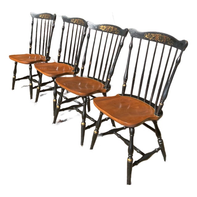 Set 4 Hitchcock Fantop Windsor Dining Chairs Signed Grape Stencil Maple Seats Farmhouse For Sale