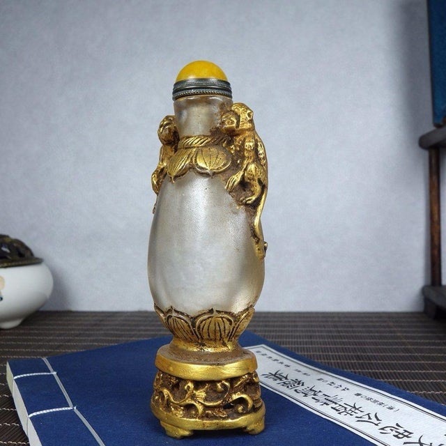 Vintage Gilt Glass Snuff Bottle With Monkey Motif and Stand For Sale - Image 9 of 9