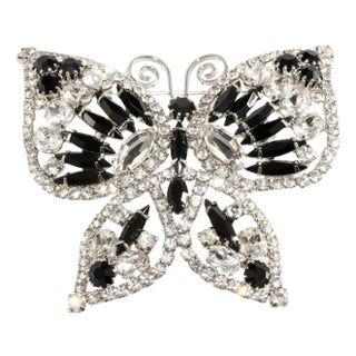 Vintage Dominique Butterfly Brooch Deco Revival Black & Clear Rhinestones For Sale