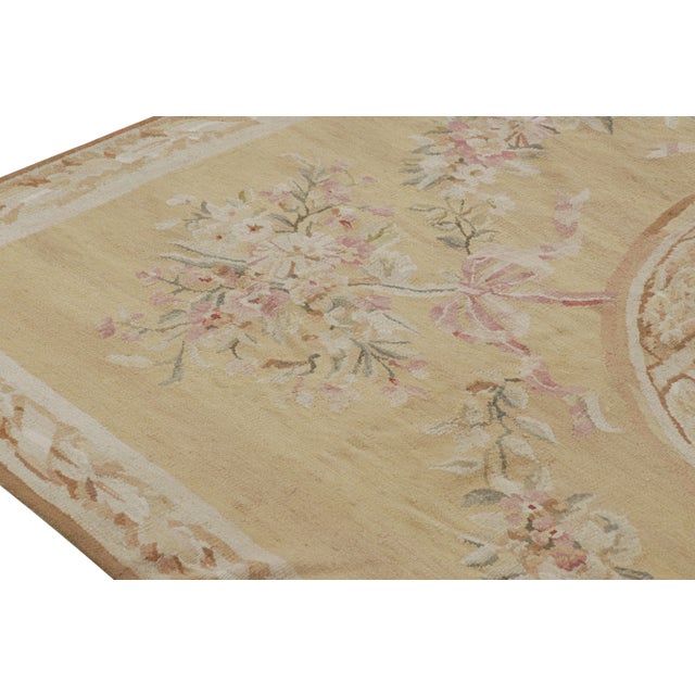 Rug & Kilim’s Aubusson Style Rug in Gold and Beige With Floral Medallion For Sale In New York - Image 6 of 7