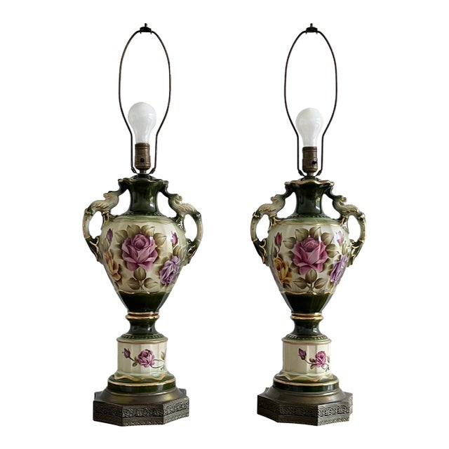 Pair of Vintage Hand-Painted Porcelain Lamps, Circa 1942 For Sale