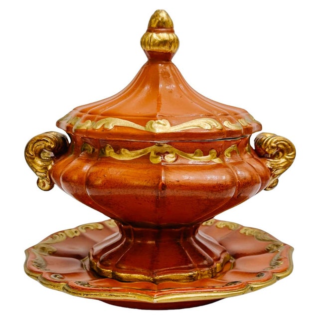 Vintage Mid-Century Italian Gilt Terracotta Tureen & Underplate For Sale - Image 4 of 9