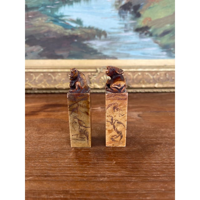 Brown Pair of Hand-Carved Chinese Soapstone Zodiac Seals - Monkey and Ox With Landscape Engravings. For Sale - Image 8 of 10