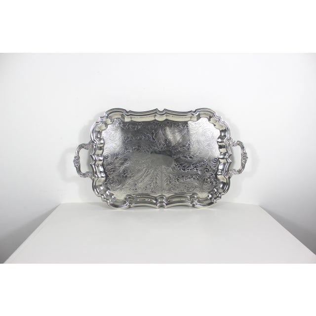 Extra Large Butler’s Tray Silver Plated Rectangular Platter Vintage Plate Ornate Floral Handles Embossed Acanthus Leaf Serving For Sale - Image 4 of 17