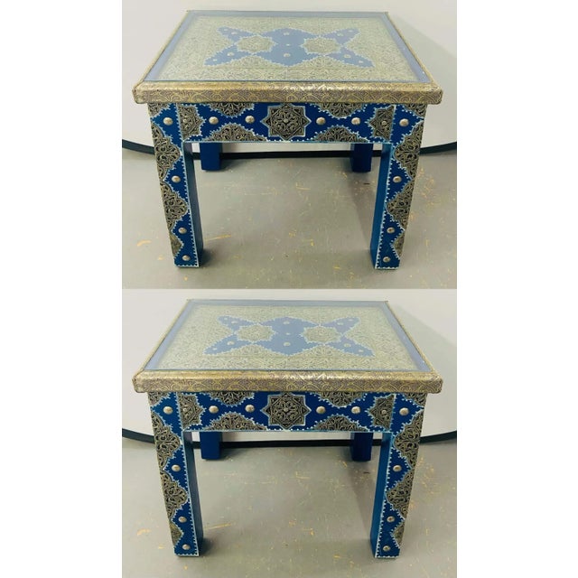 Boho Chic Style Moroccan Blue & Silver Rectangular Side or End Table, Pair For Sale - Image 13 of 13