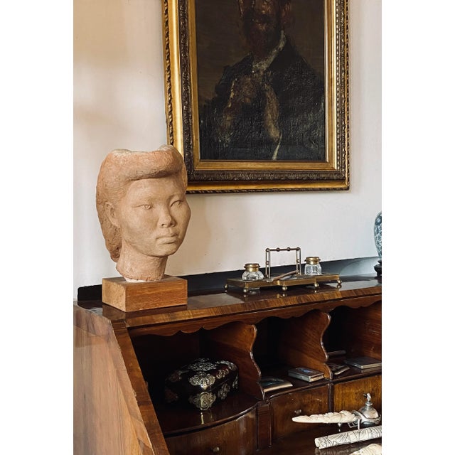 Art Deco Willy Gordon, Terracotta Japanese Girl Akito Head Sculpture, France 1940s For Sale - Image 3 of 13