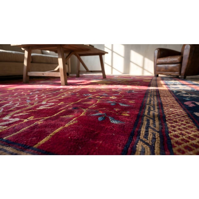 1920s Ruby Red Scene Floral Antique Chinese Art Deco Carpet 9' X 14' Knotted Wool Rug For Sale - Image 11 of 12