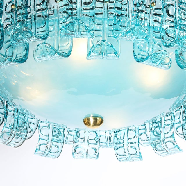 Modern Modernist Hand-Blown Aquamarine Murano Glass Chandelier With Frosted Diffuser For Sale - Image 3 of 18