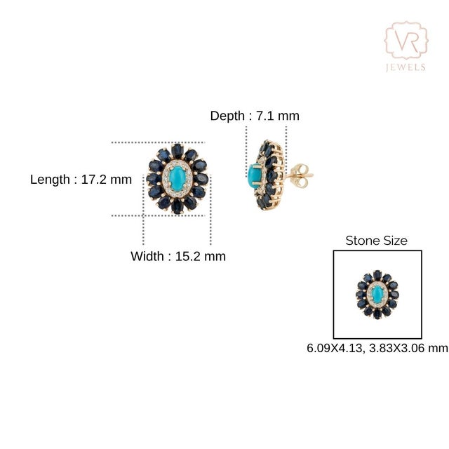 6.46ct Turquoise Sapphire Diamond Halo Floral Cluster Stud Earrings in 14k Gold-a Pair For Sale - Image 11 of 14