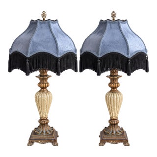 Late 20th Century Neoclassical Cream Crackle Urn Lamps With Muted Blue Velvet Fringe Shades - Pair For Sale