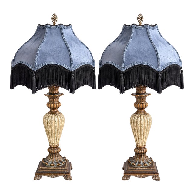 Late 20th Century Neoclassical Cream Crackle Urn Lamps With Muted Blue Velvet Fringe Shades - Pair For Sale