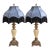 Late 20th Century Neoclassical Cream Crackle Urn Lamps With Muted Blue Velvet Fringe Shades - Pair For Sale
