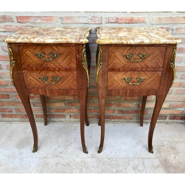 Wood Antique Louis XV French Marquetry Marble Top Nightstands, Set of 2 For Sale - Image 7 of 17