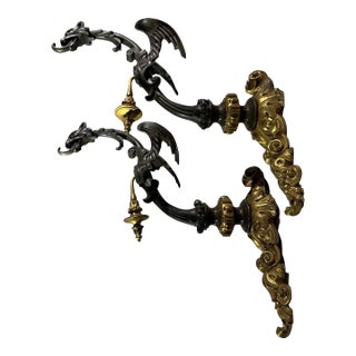 French Gothic Revival Bronze Drapery Tiebacks, Dragon Form Rocaille Base C. 1850 For Sale